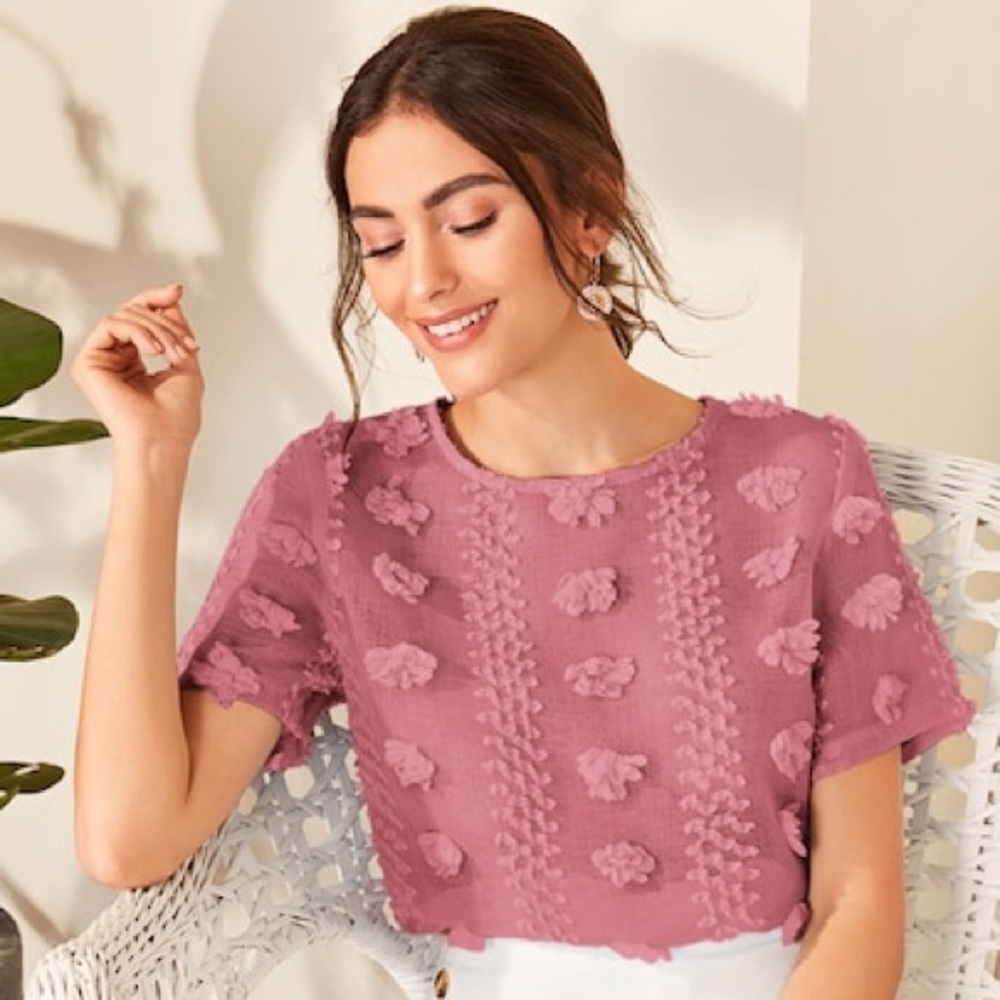 Solid Stereo Flowers Keyhole Back Blouse - image 1